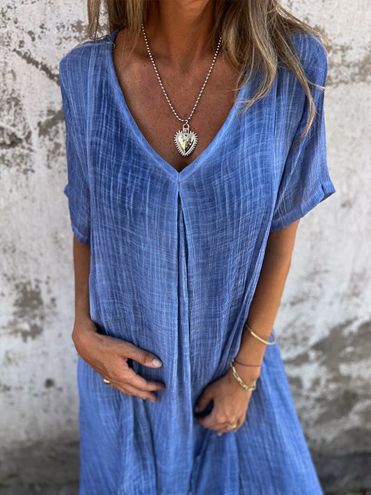Women's Dress – Relaxed Fit – V-Neck – Short Sleeves – Breathable Light Quality