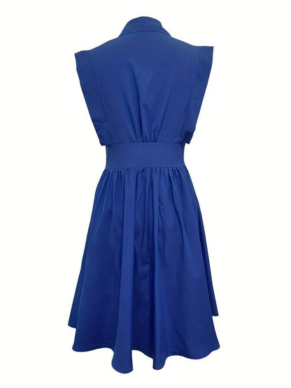 Woman Dress - Fitted Waist - Sleeveless with Shoulder Ruffles - Knee-Length Pleated Skirt - Collar
