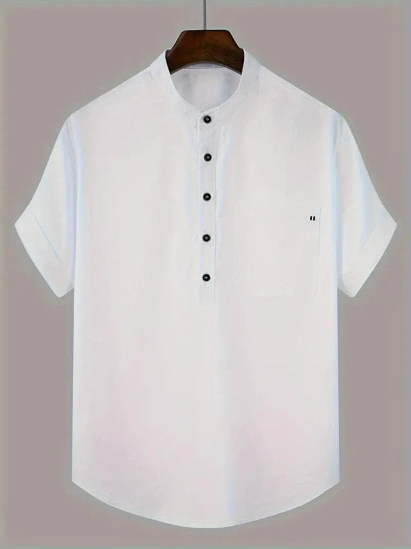 Men's Shirt - Short Sleeved - Mandarin Collar - Button Closure - Relaxed Fit