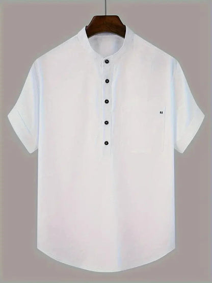 Men's Shirt - Short Sleeved - Mandarin Collar - Button Closure - Relaxed Fit