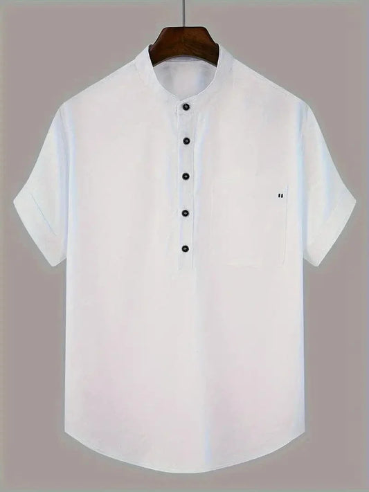 Men's Shirt - Short Sleeved - Mandarin Collar - Button Closure - Relaxed Fit