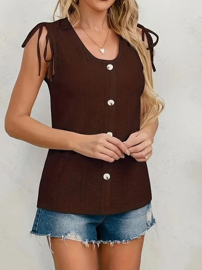 Women's Knit Top - Sleeveless with Buttons - Eyelet Pattern and Tie Strings