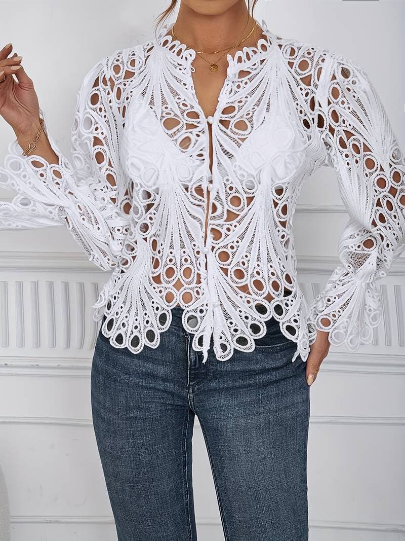 Women's Lace Blouse - Long-Sleeved V-Neck - Button Closure - Elegant Transparent Design