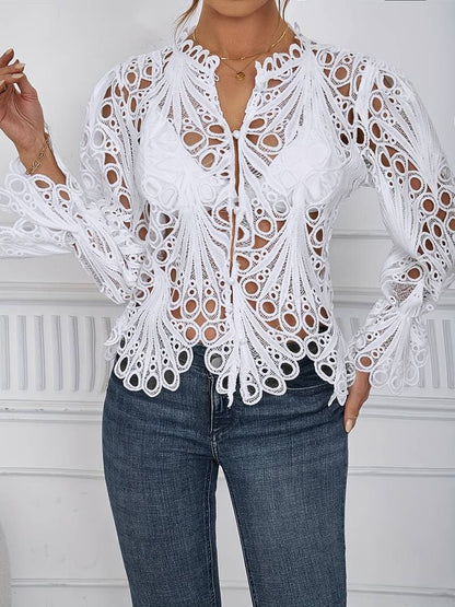 Women's Lace Blouse - Long-Sleeved V-Neck - Button Closure - Elegant Transparent Design
