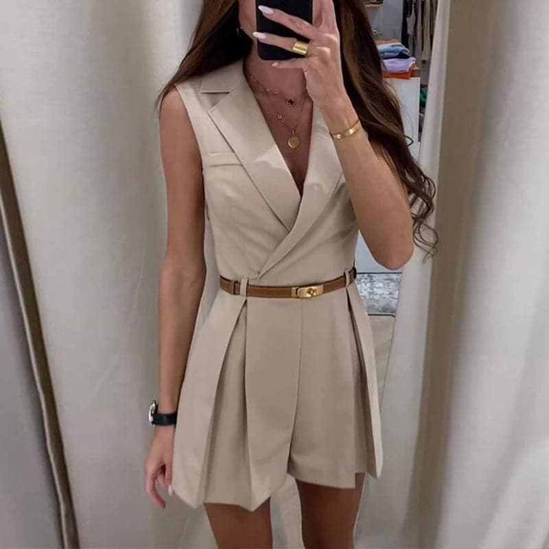 Women's Blazer-Style Romper - Sleeveless - Waist Belt - Elegant and Tailored