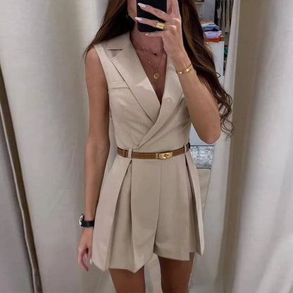 Women's Blazer-Style Romper - Sleeveless - Waist Belt - Elegant and Tailored