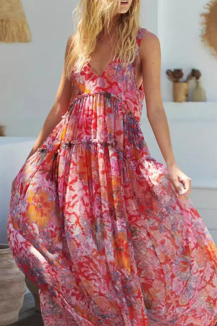 Women's Maxi Dress – Sleeveless – V-Neck – Spaghetti Straps – Light and Airy – Layered Design