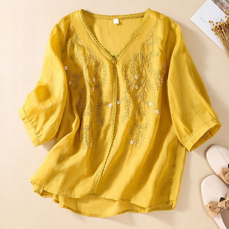Relaxed Fit Embroidered V-Neck Blouse for Women – Stylish Casual Comfort