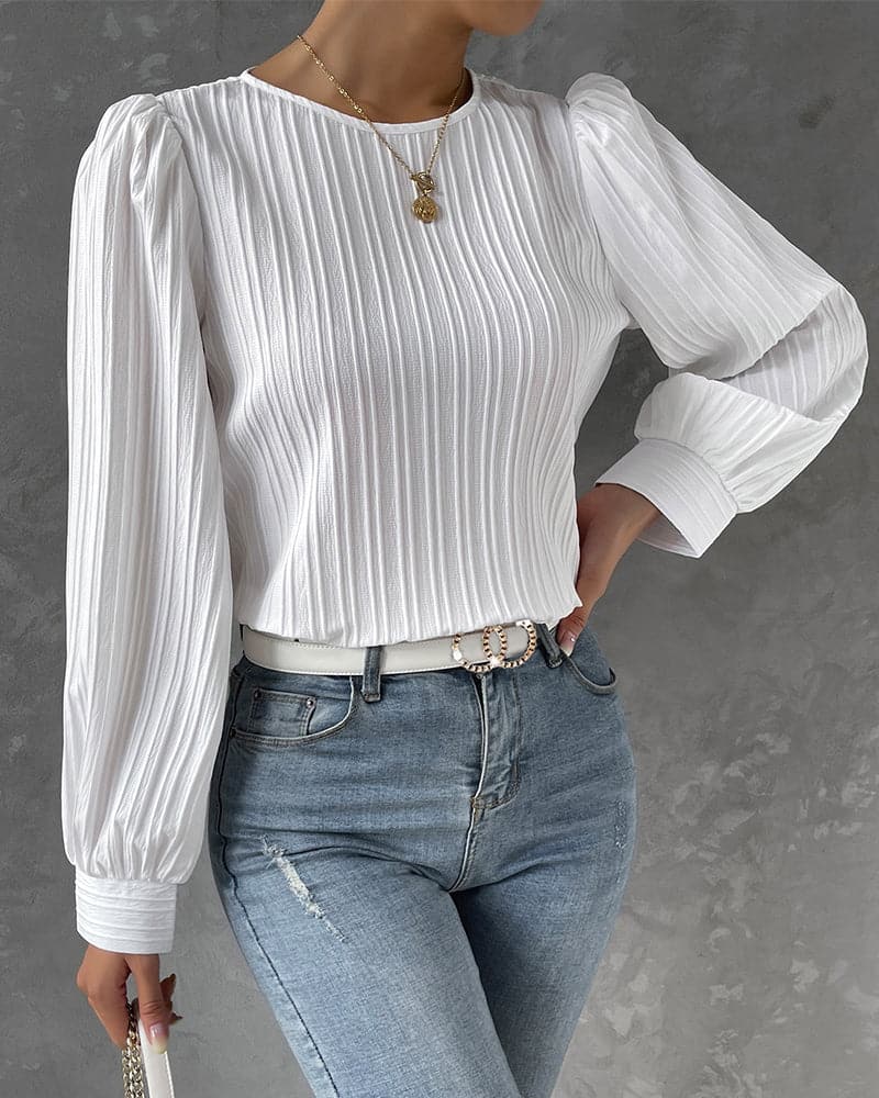 Women's Blouse - Long Sleeved with Puff Sleeves - Textured Pleated Design - Round Neck