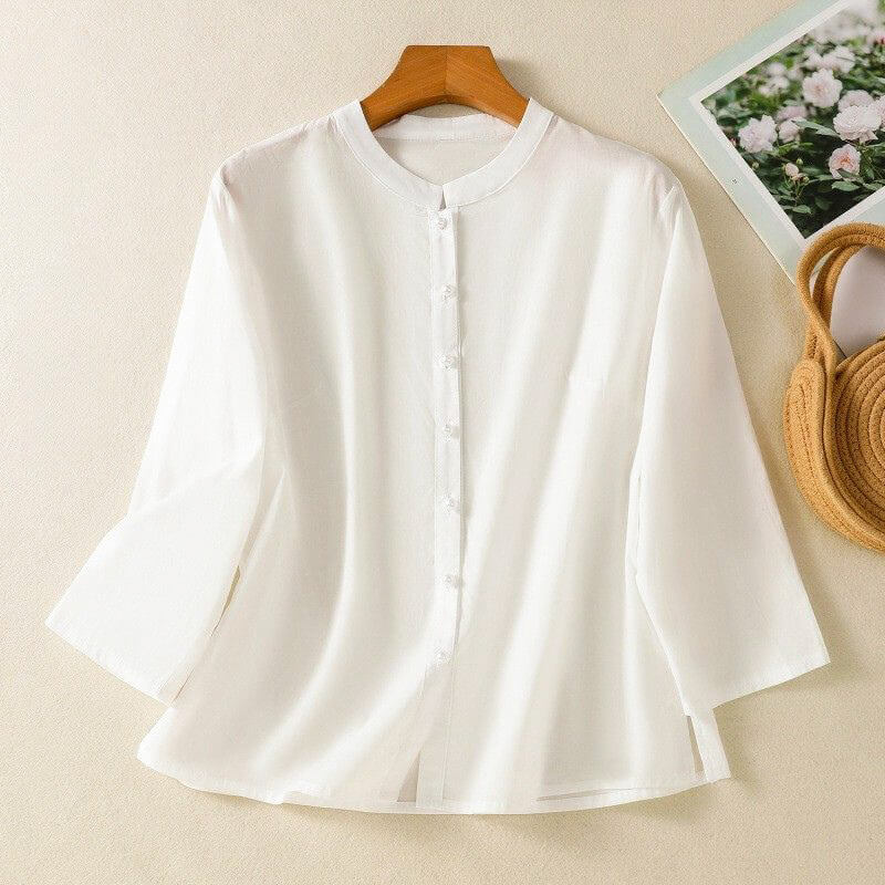Relaxed Fit Band Collar Button Front Blouse for Women – Casual Stylish Comfort