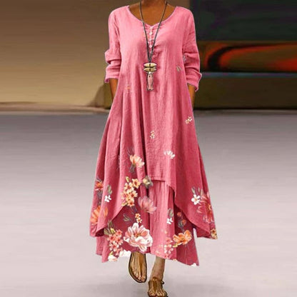 Women's Maxi Dress - Loose Fit - V-Neck with Buttons - Floral Lightweight Design