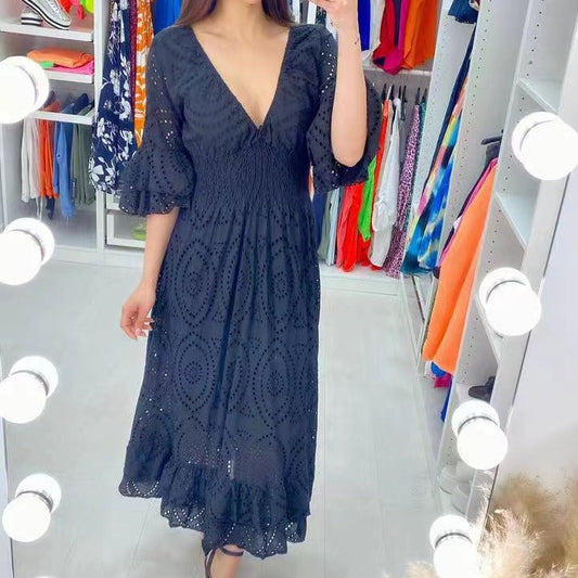 Women's Dress - V-neck A-line - Three-quarter Sleeves - Midi Length - Embroidered Texture