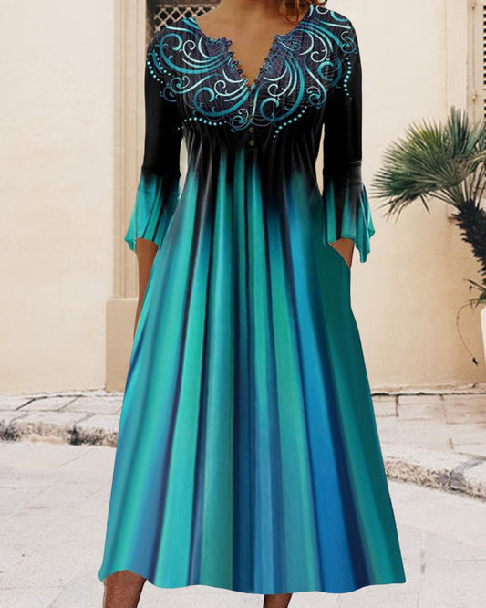 Women's Dress - V-neck Embroidery - 3/4 Sleeves - Midi Flowy Fit