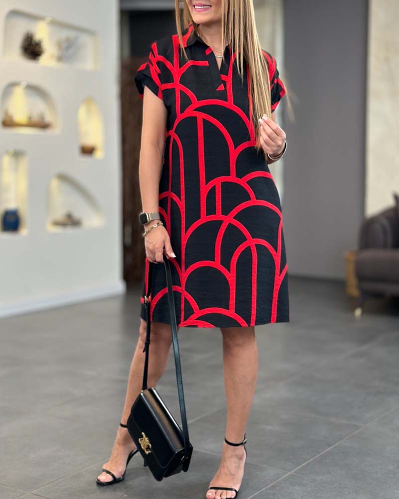 Women's Shirt Dress - Short-Sleeved - Geometric Pattern - Relaxed Fit