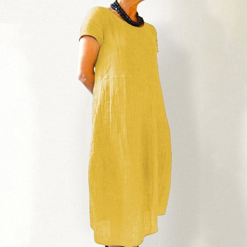 Women's Maxi Dress - A-line Fit - Short Sleeved with Round Neck - Breathable Cotton with Side Pockets