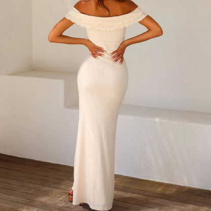 Women's Maxi Dress – Fitted Fit – Satin – Off-Shoulder with Ruffle Collar