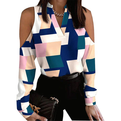 Women's Blouse - V-Neck - Cold Shoulder Design - Light and Airy - Heart Print