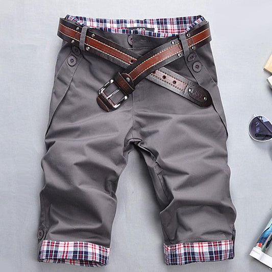 Men's Cropped Trousers - Relaxed Fit - Turn-up with Checkered Lining - Button Details
