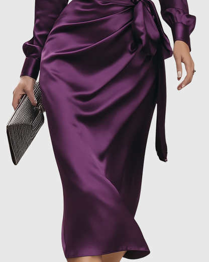 Satin Wrap Midi Dress for Women – Elegant Evening Sophistication