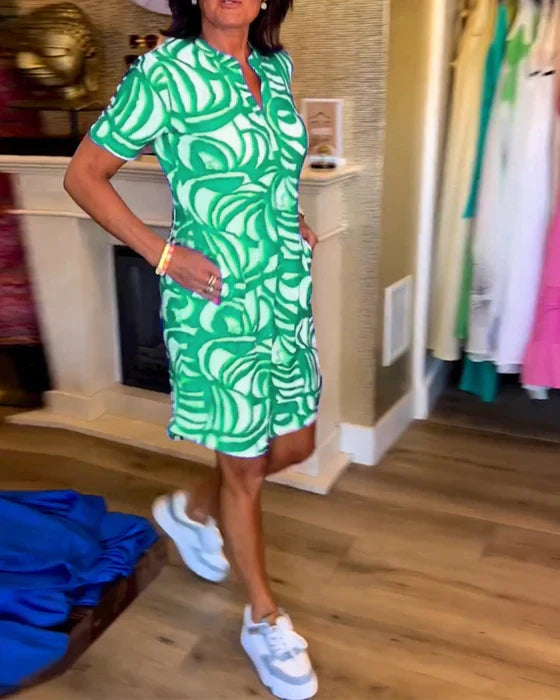 Women's Dress - V-neck - Shirt Dress Cut - Short Sleeves - Relaxed Fit