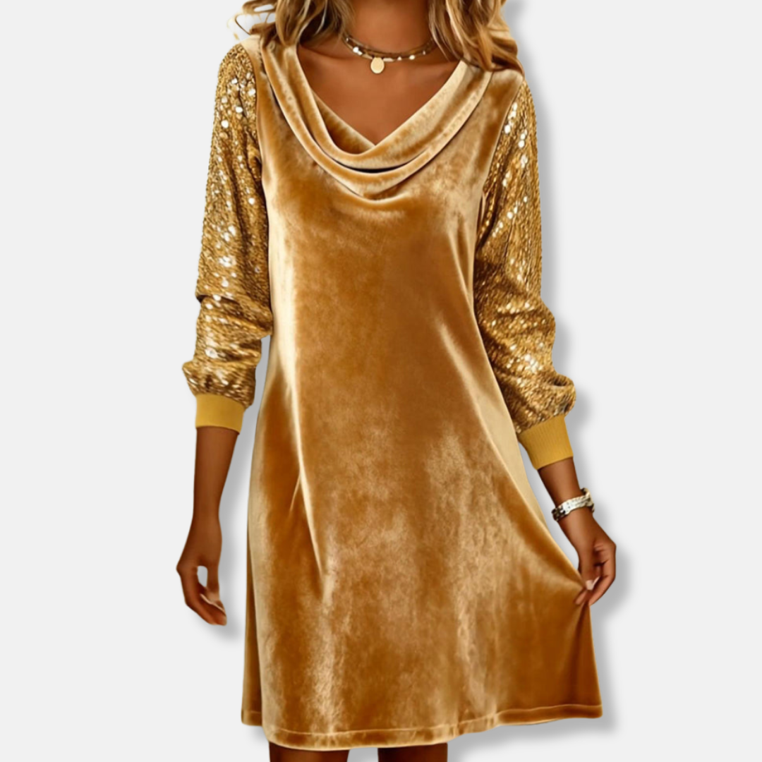 Sophia Shift Mini Dress | Cowl Neck Sequined Sleeves Dress
