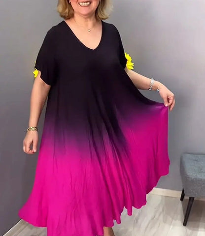 Women's Dress – Loose Fit – V-Neck – Knee Length – Short Sleeves – Soft Drape
