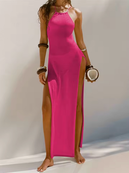 Women's Maxi Dress - Halterneck - Fitted - High Side Slits - Light and Flowy
