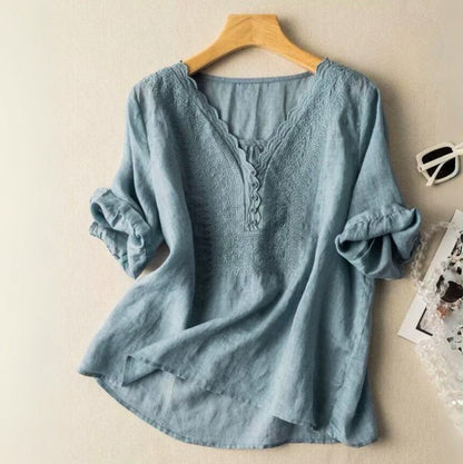 Relaxed Fit Embroidered V-Neck Blouse for Women – Effortless Everyday Elegance