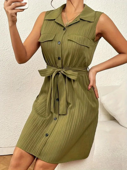 Women's Shirt Dress - Sleeveless - Button Closure - Waist Belt - Pleated Design