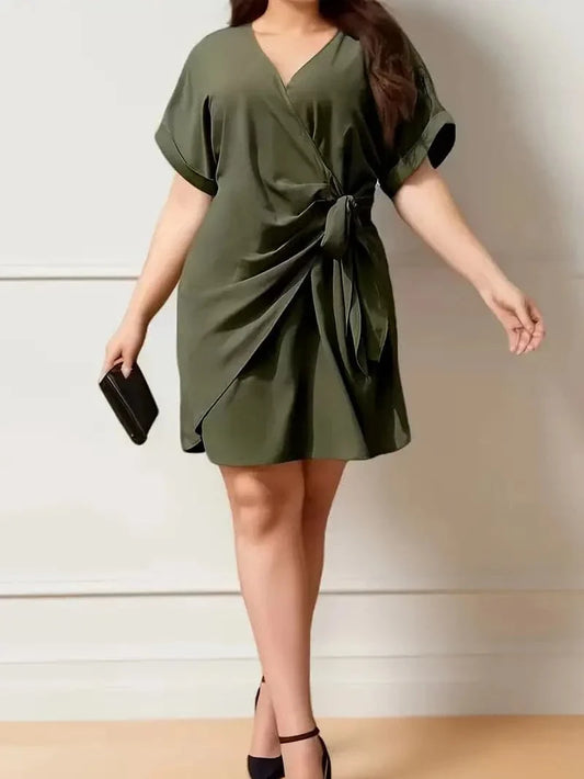 Women's Wrap Dress - V-Neck - Short Sleeves - Adjustable Fit - Elegant Draping
