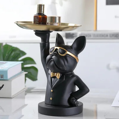 Contemporary Bulldog Figurine Tray with Gold Bow Tie