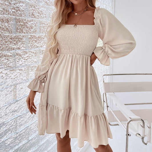 Women's Dress - A-line Fit - Long Puff Sleeves - Square Neckline - Short Elegance
