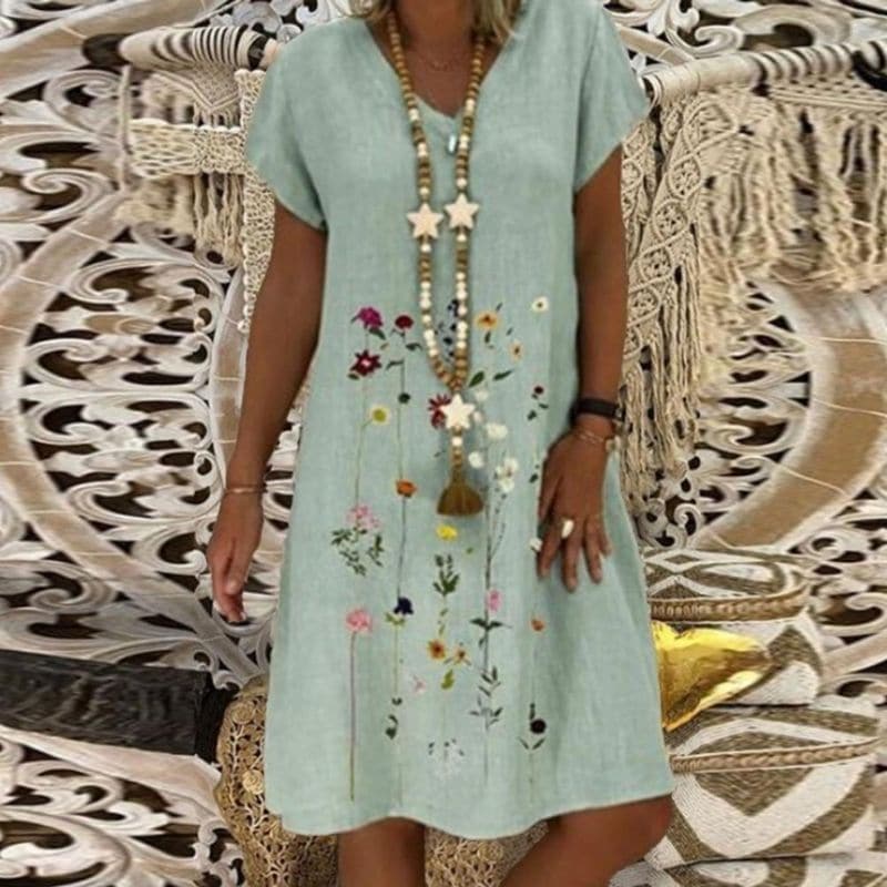 Women's Dress - Loose Fit - Short Sleeves - Light and Breathable Linen - Embroidered Design