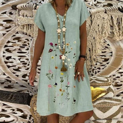 Women's Dress - Loose Fit - Short Sleeves - Light and Breathable Linen - Embroidered Design