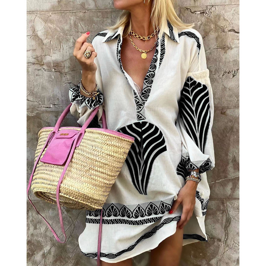 Women's mini dress – Relaxed fit – V-neckline – Voluminous sleeves – Light and breathable