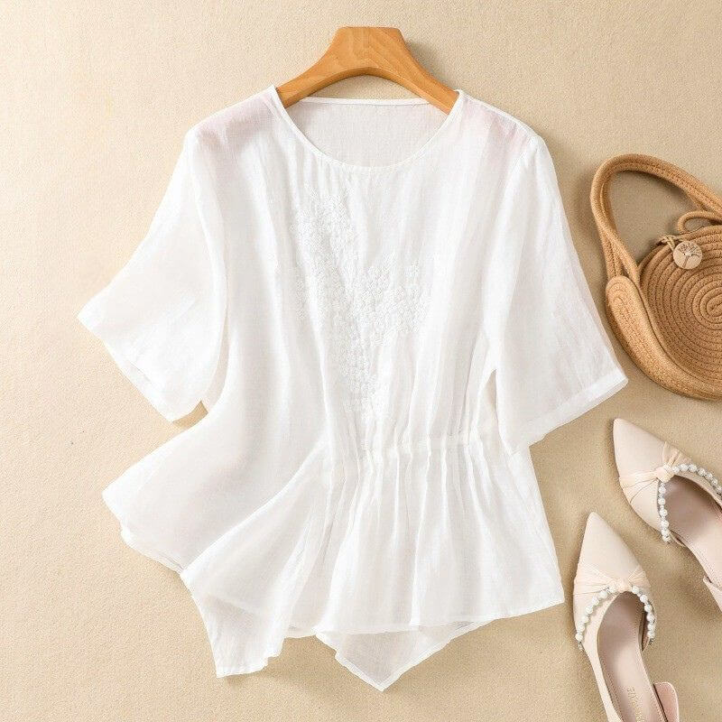 Relaxed Fit Embroidered Pleated Blouse for Women – Stylish Casual Comfort