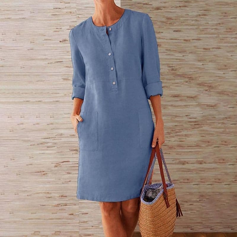 Women's Shirt Dress - Light and Breathable Linen - Relaxed Fit - Button Closure and Side Pockets