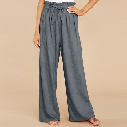 Women's Pants - High-Waisted Wide-Leg - Paperbag Waist with Tie Belt - Loose-Fitting Comfort