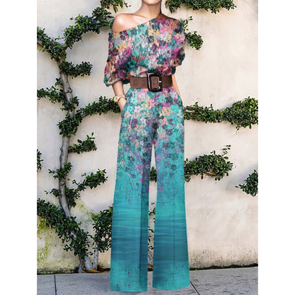 Women's Jumpsuit – One Shoulder – Butterfly Pattern – Loose Fit – Belt at Waist