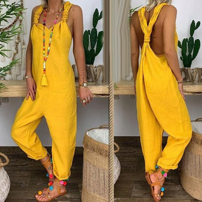 Women's Jumpsuit - Loose Fit - Lightweight and Breathable - Knot Detail at the Back
