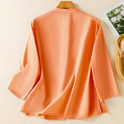 Relaxed Fit Band Collar Button Front Blouse for Women – Casual Stylish Comfort