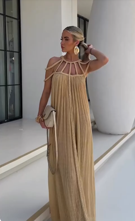 Maxi Dress for Women – Flexible Braided Straps – Pleated Fabric – Elegant Loose Fit