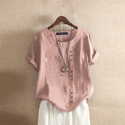 Women's Blouse - Cotton - Relaxed Fit - Button Detail - Short Rolled Sleeves