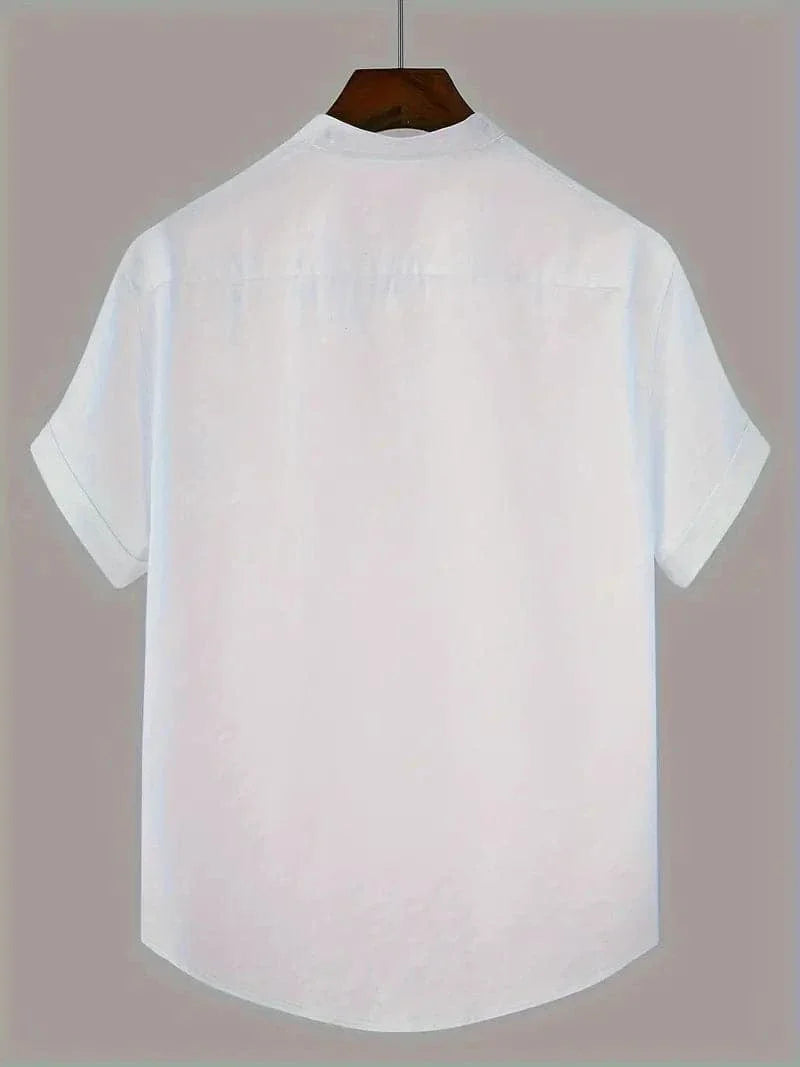 Men's Shirt - Short Sleeved - Mandarin Collar - Button Closure - Relaxed Fit