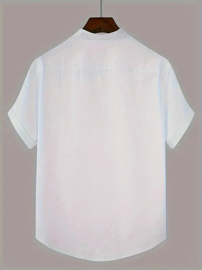Men's Shirt - Short Sleeved - Mandarin Collar - Button Closure - Relaxed Fit