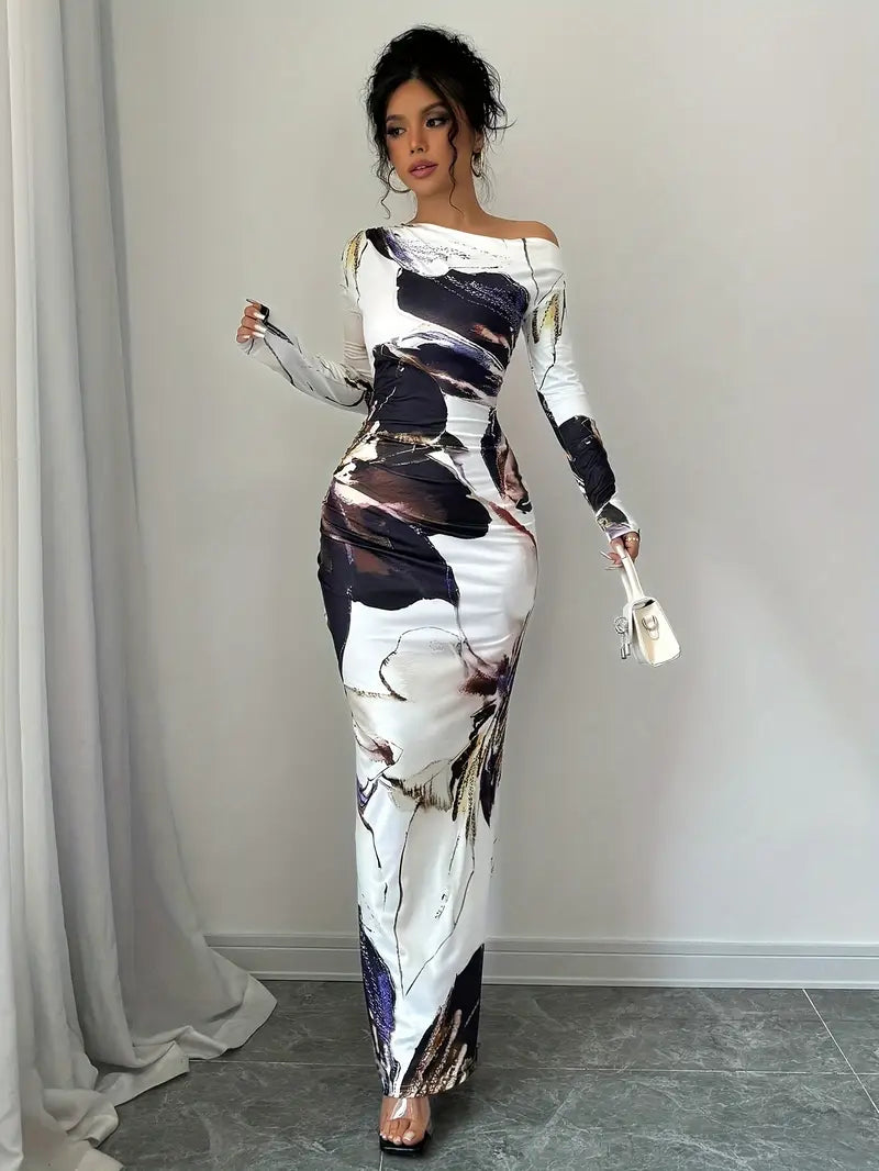 Women's Maxi Dress - Long-Sleeved - Off-Shoulder - Form-Fitting - Elegant Pattern