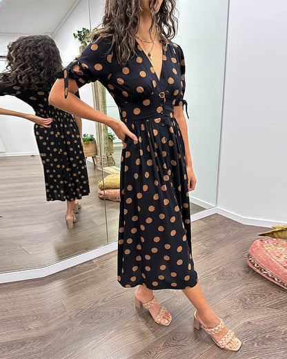 Women's Midi Dress - V-Neck - Tieable Half-Sleeves - Fitted A-Line - Elegant Polka Dot Pattern