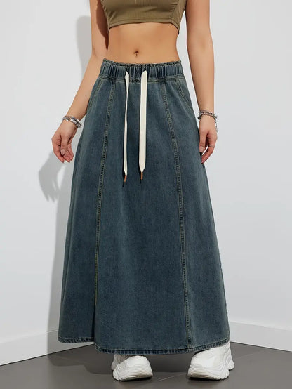 Women's Maxi Skirt - Denim - Elastic Waist with Drawstring - A-Line - Casual Look