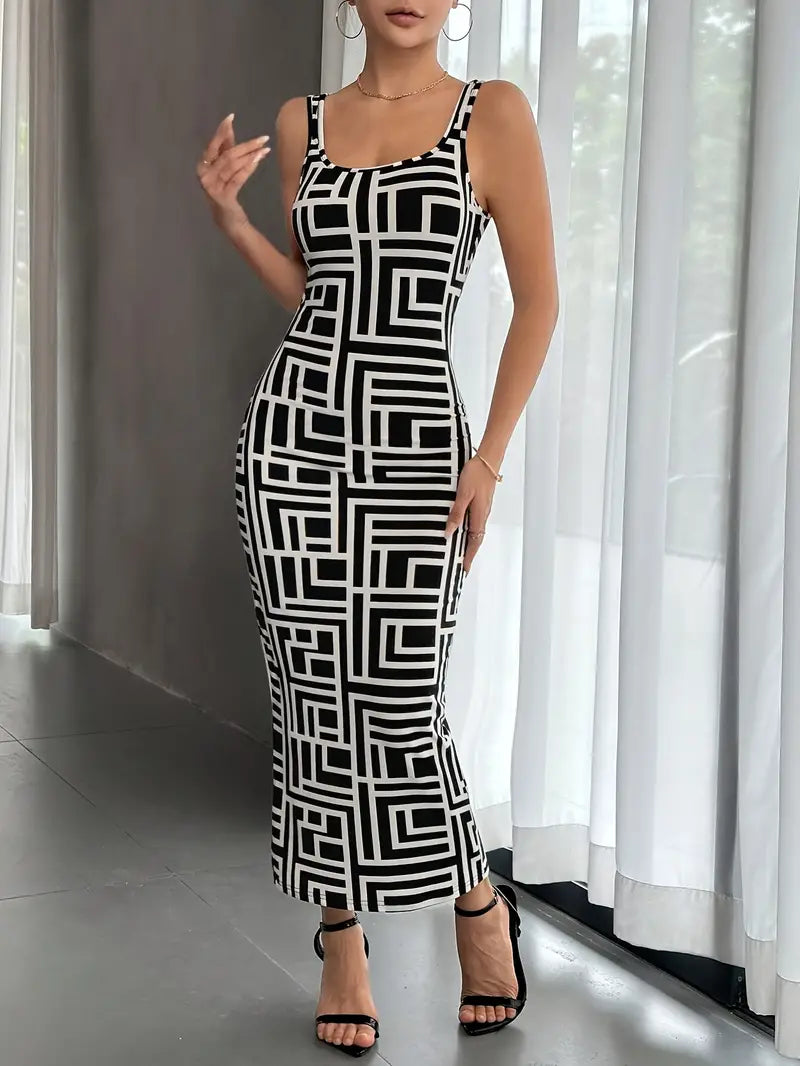 Women's Bodycon Dress - Midi Length - Geometric Pattern - Square Neckline - Thin Straps