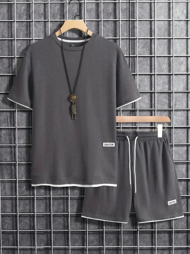 Men's Set - Short-Sleeved T-shirt & Shorts - Breathable Waffle Knit - Adjustable Fit